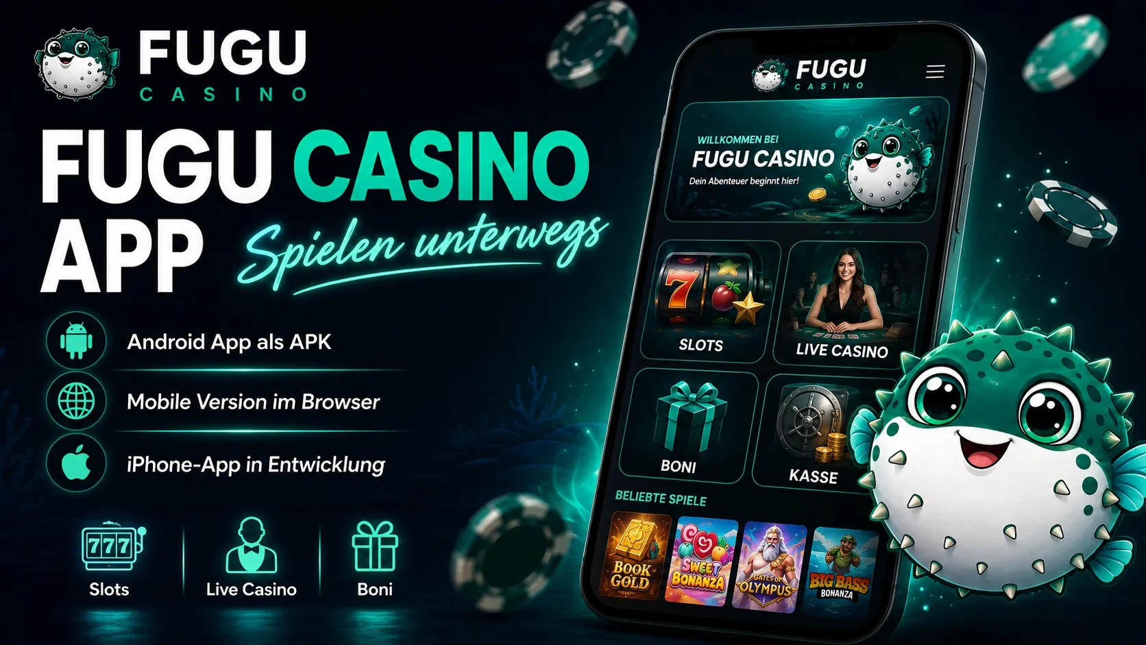 Fugu Casino App auf dem Smartphone mit Slots, Live Casino, Boni und Kasse
