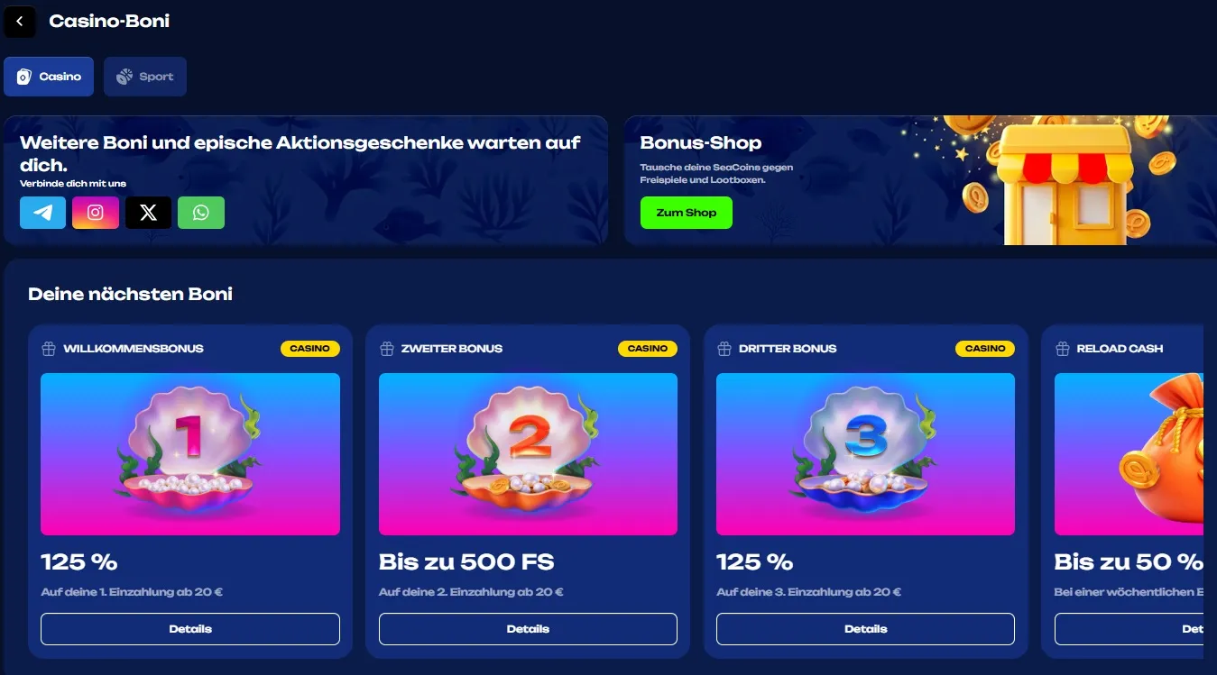 Fugu Casino Bonusseite mit Willkommensbonus, zweitem und drittem Bonus, Reload Cash und Bonus-Shop